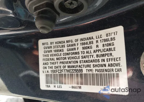 2017 Honda Civic Ex from USA, damaged, VIN 19XFC2F77HE229599